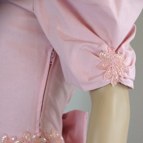 Laura Ashley Pink Bead Embellished Party Dress. Deep V-Neck, Low Back. Waist Bow - Picture 5 of 12